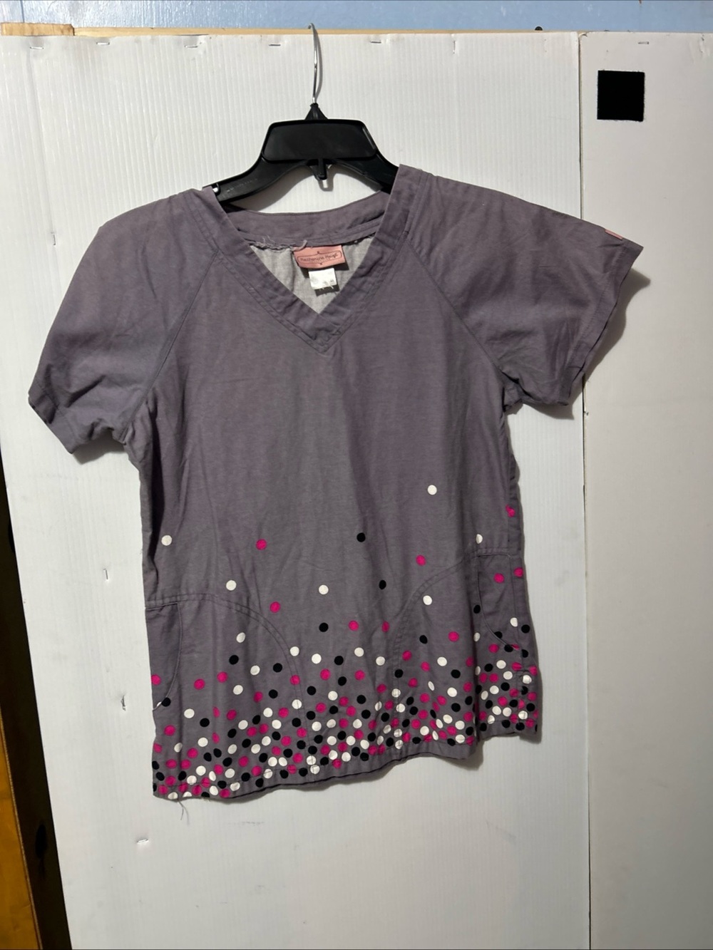 Peaches Uniforms Lavender V-Neck Tunic with Pink, White & Black Dot Hem